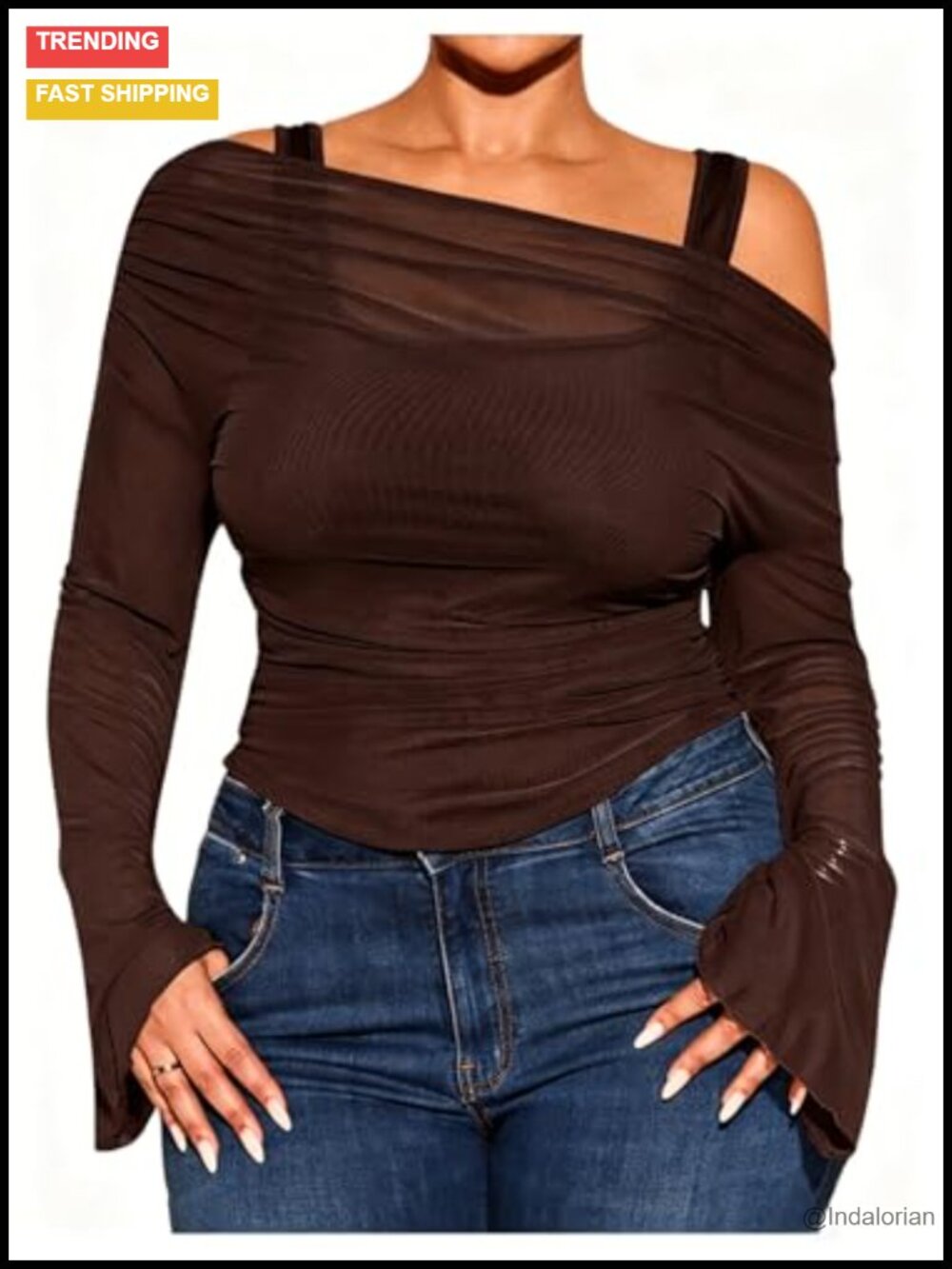 Plus Size 2 in 1 Off Shoulder Top Sheer Bell Long Sleeve Tee